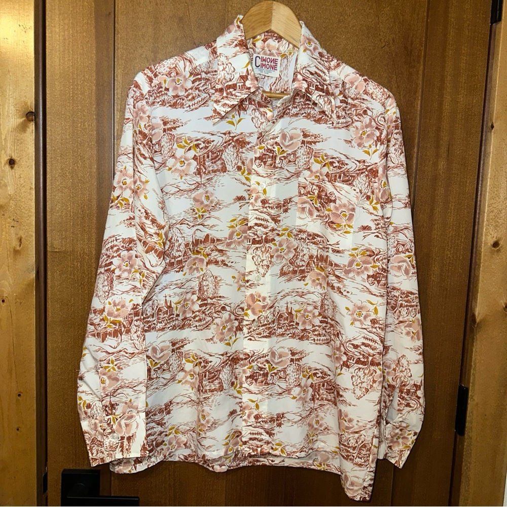 Cimone Graphic‎ Hawaiian Long Sleeve Button Shirt Mens Sz XL Vintage *Flaw